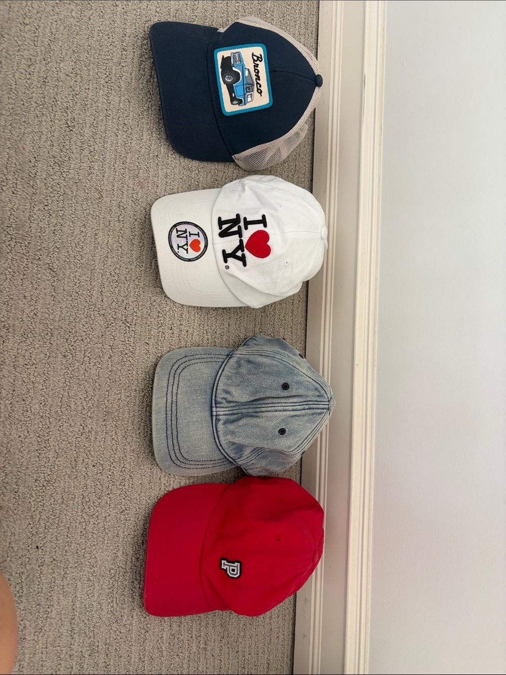 Assorted Four Hat Lot - Navy Patch, White I ❤️ NY, Washed Denim, Red Cap